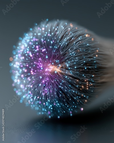 Macro view of glowing glass microchip where digital light pulses merge with organic fiber optic roots over sleek dark background.