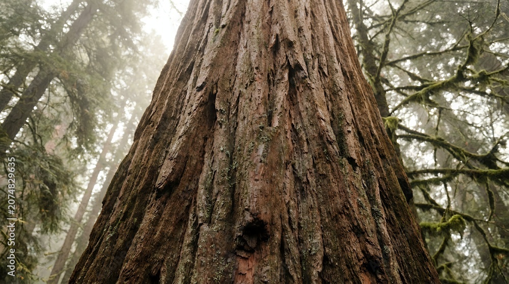 Fototapeta premium Majestic ancient redwood tree trunk reaching skyward in a misty forest.