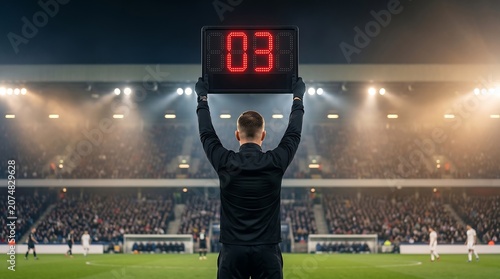 A fourth official holds up a digital substitution board showing the number three during a professional football match at a floodlit stadium