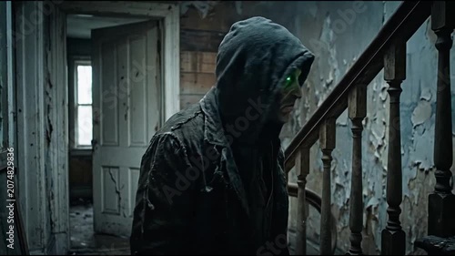 Scary hooded man with glowing green eyes in abandoned house