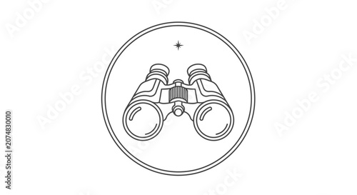 Binoculars icon inside circular frame.