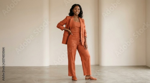 A stylish Black woman in a burnt orange pantsuit posing confidently in an empty room.