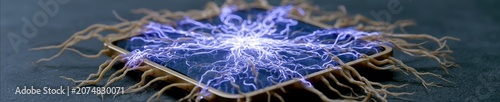 Macro view of glowing glass microchip where digital light pulses merge with organic fiber optic roots over sleek dark background.