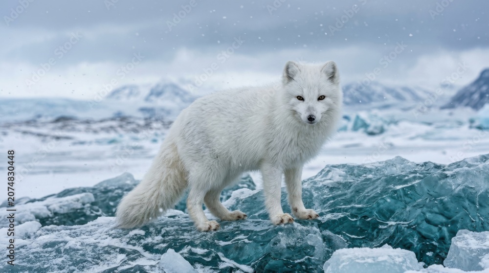 Fototapeta premium Arctic Fox Standing on Ice in a Snowy Landscape.
