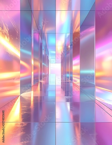 A futuristic corridor with shiny metallic walls and vibrant colorful lights