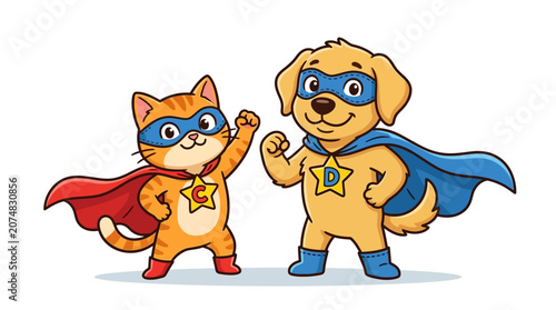 Billede på lærred Cartoon cat and dog superheroes standing.