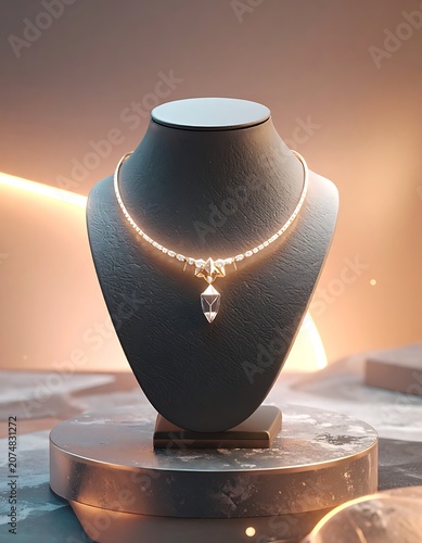 A necklace with a pendant on a black jewelry display