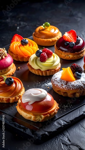 A platter of assorted fruit tarts with various toppings