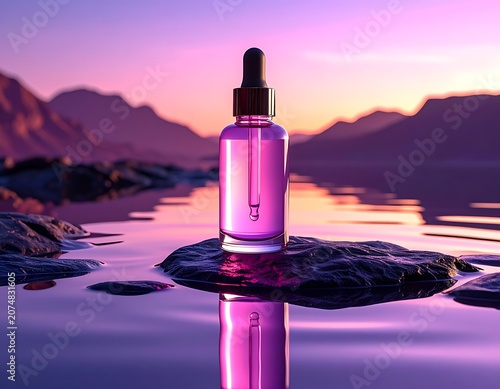 A serene landscape with a purple liquid-filled bottle on a rock