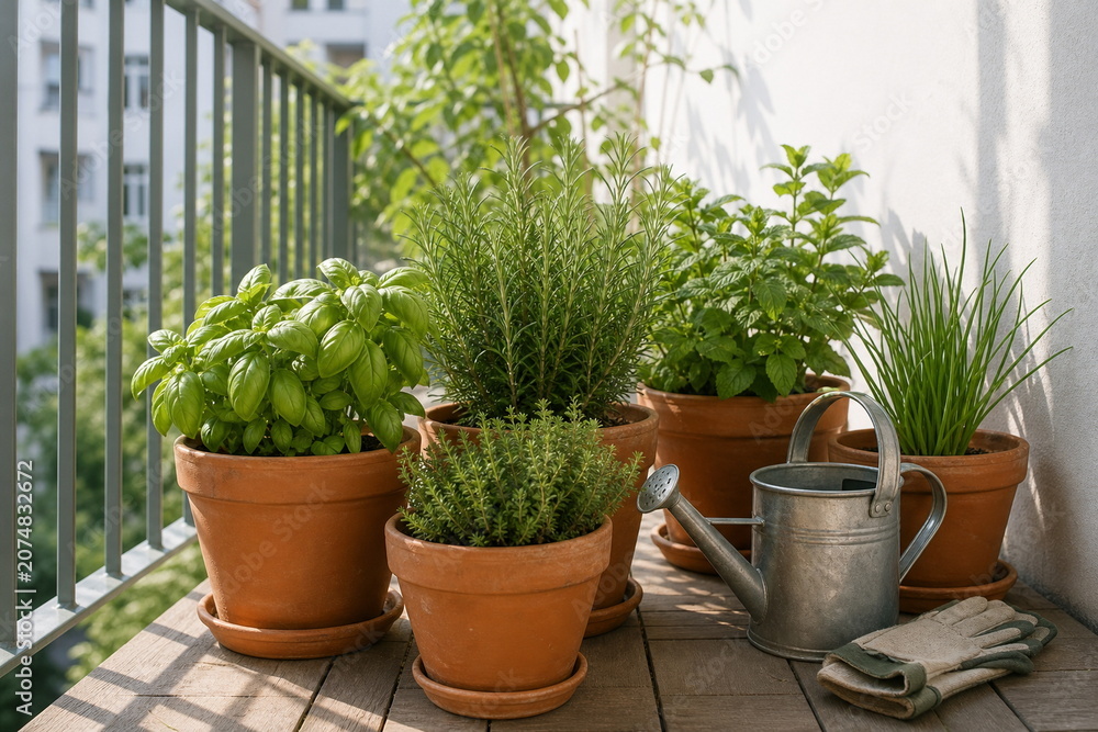 Fototapeta premium 朝の光に包まれたベランダの鉢植え菜園