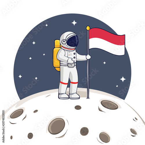 Cartoon astronaut holding flag on the moon