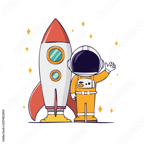 Cartoon astronaut waving next to a rocket