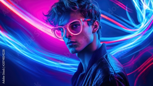 Stylish young man with neon light effects portrait