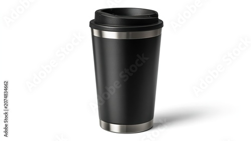 Black travel mug with silver accents on white background