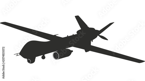 Silhouette of a propellerdriven highwing unmanned aerial vehicle in flight