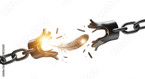 A broken chain links with hands releasing a feather on transparent background