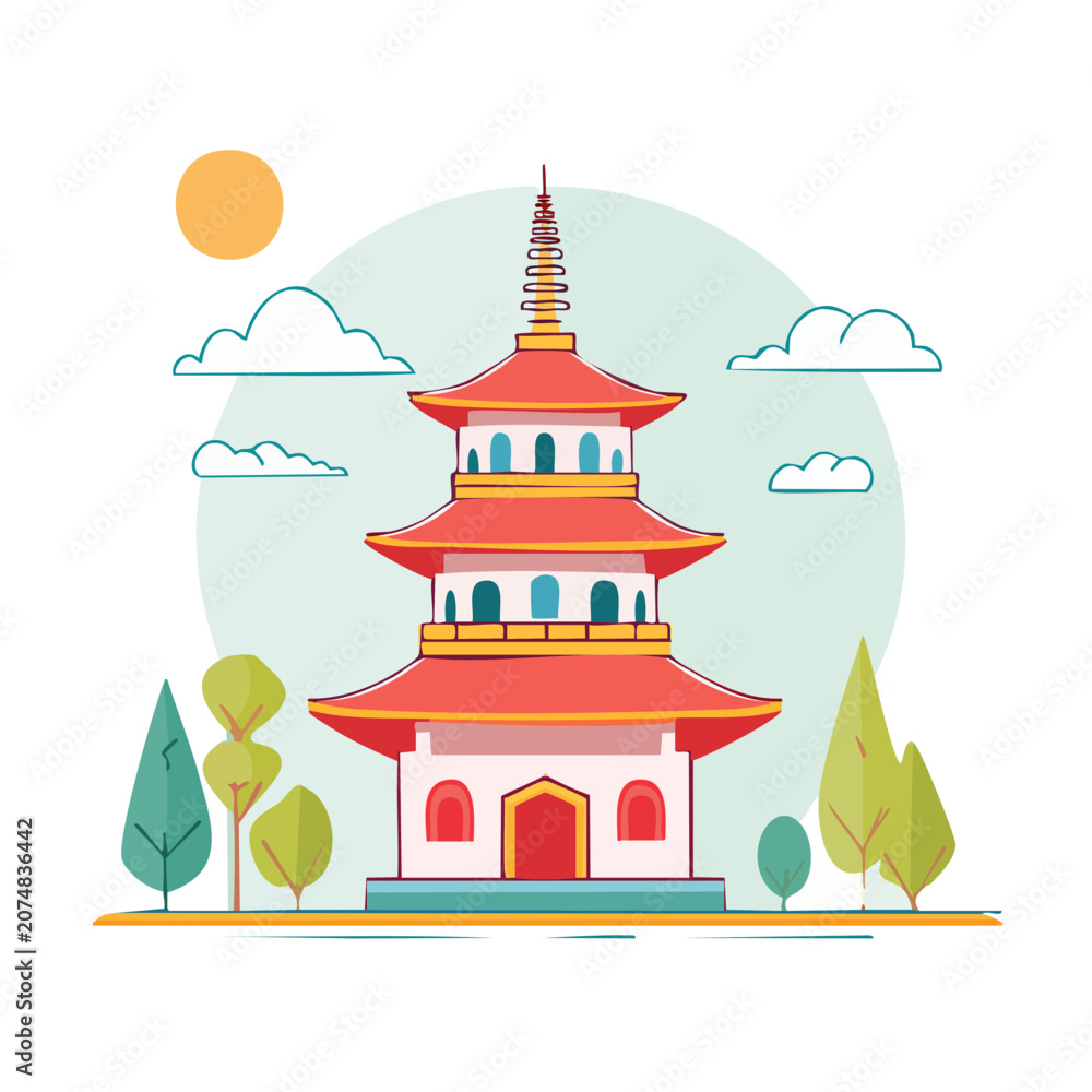 Fototapeta premium Flat illustration of a traditional pagoda with trees and sky