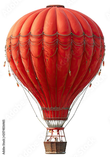 Red hot air balloon with basket, vertical view, against black bg
