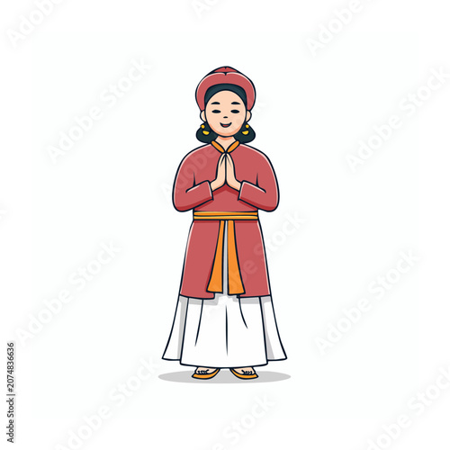 Traditional Asian Woman in Ao Dai Praying Illustration