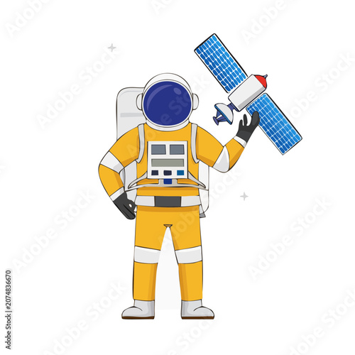 Astronaut in yellow suit holding satellite illustration