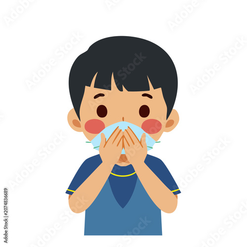 Cartoon boy wearing face mask with hands covering mouth