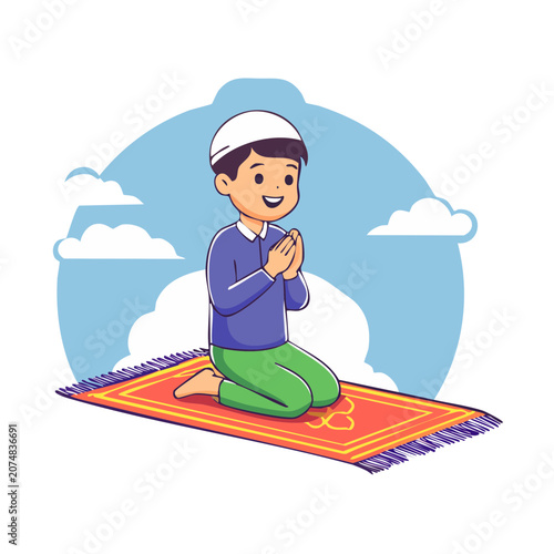 Cartoon boy praying on a prayer mat