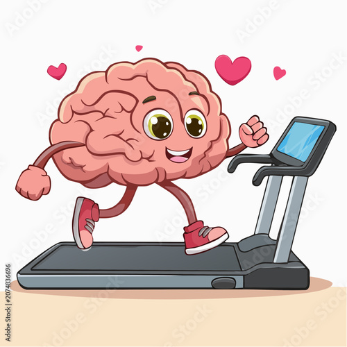 Cartoon brain character running on a treadmill with hearts