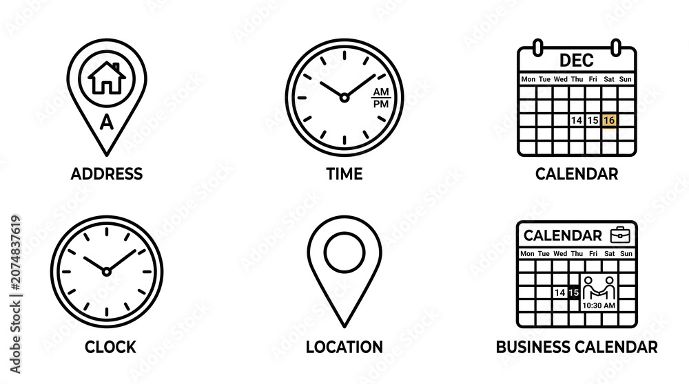 Fototapeta premium Minimalist linear pictograms for corporate scheduling logistics and tracking set against a plain white background for software and digital platforms