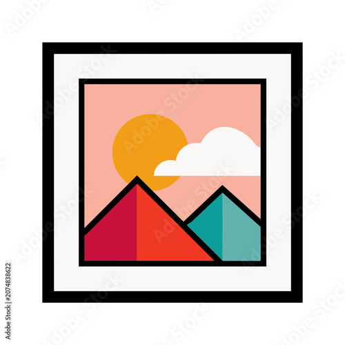 Flat vector illustration of mountain landscape with sun and cloud