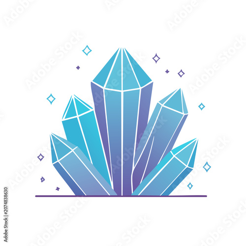 Flat Vector Illustration of Crystal Cluster with Sparkles