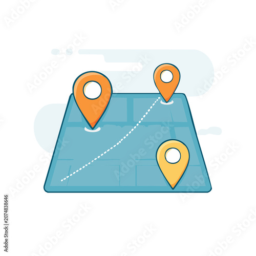 Flat vector map with location pins and route