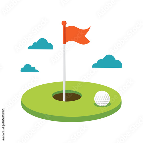 Golf hole with flag and ball flat vector illustration