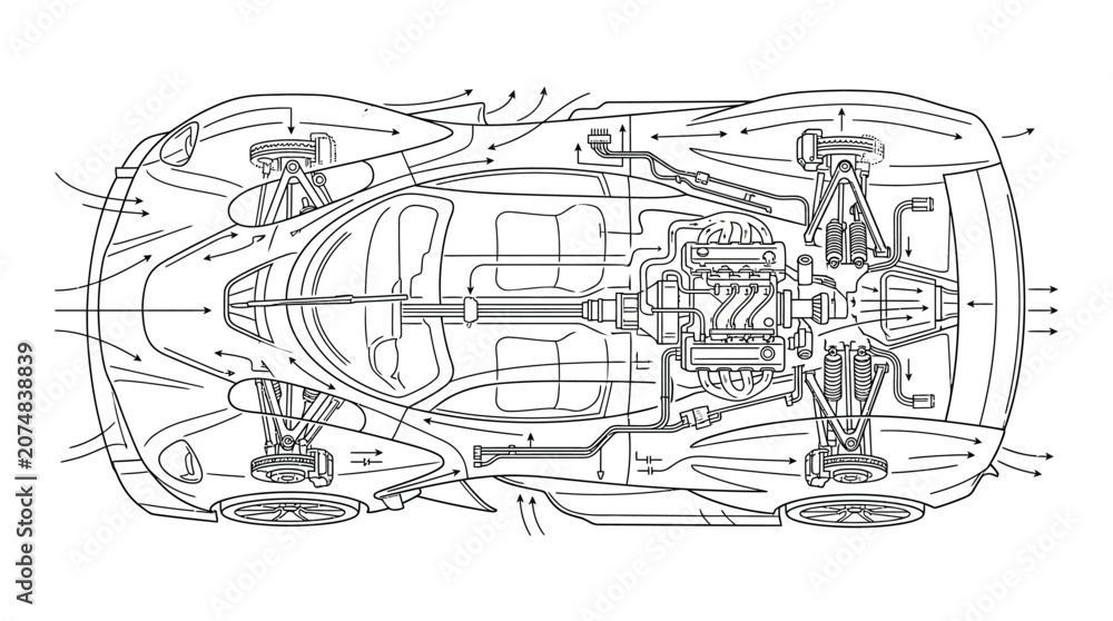 Obraz premium Supercar aerodynamic and mechanical top view wireframe.