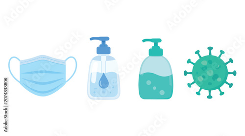 Protective face covering and sanitizing liquids next to a microscopic organism