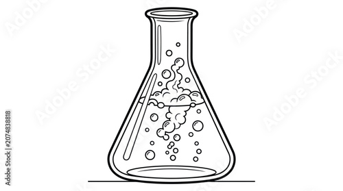 A laboratory flask contains a bubbling liquid with many small spheres