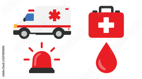 Medical emergency symbols including a vehicle, first aid kit and siren