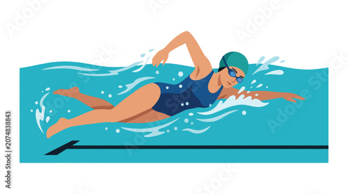 A person swims freestyle in a blue pool with water splashing