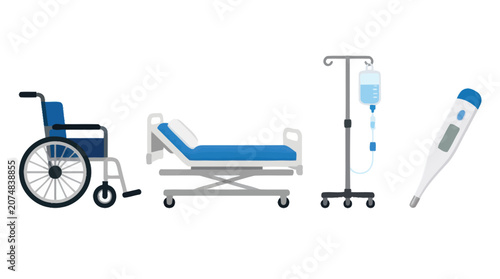 Medical equipment including a wheelchair, hospital bed, IV drip and thermometer