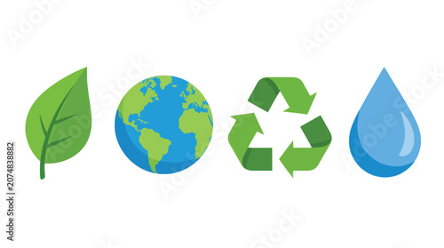 Environmental symbols representing nature, planet, recycling and water conservation