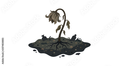 A withered plant struggles to grow in polluted soil with debris