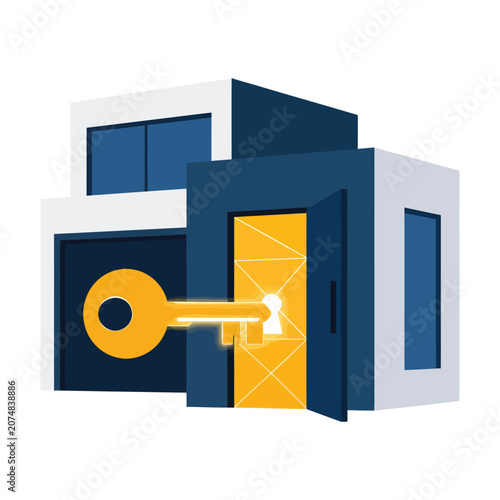 A golden key is inserted into the lock of an open door of a modern building