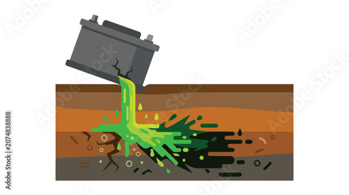 A cracked battery leaks toxic green liquid into the soil layers