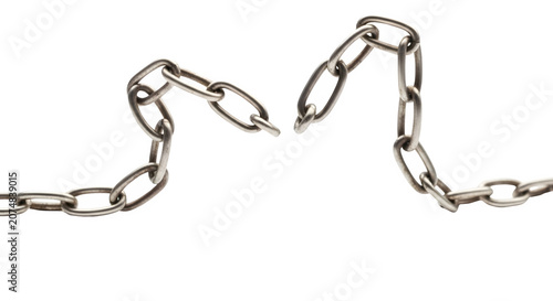 A broken metal chain lies on a transparent background with two ends separated.