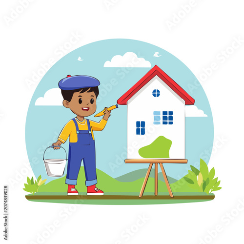 Cartoon boy painting a house on an easel