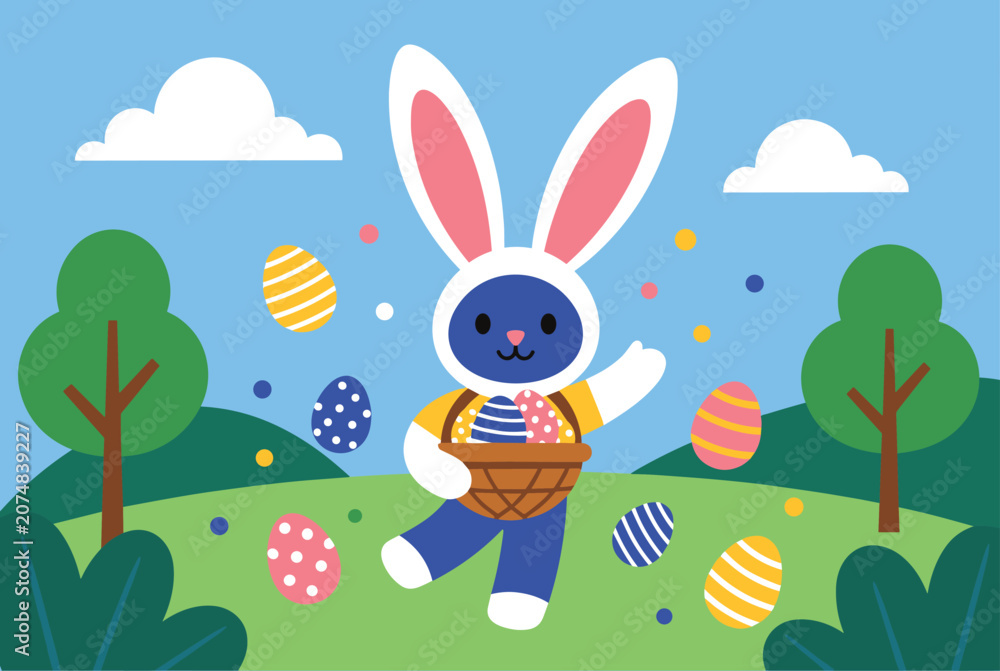 Fototapeta premium Cute white easter bunny wearing a blue suit and carrying a basket filled with decorated colorful eggs in a spring green landscape.