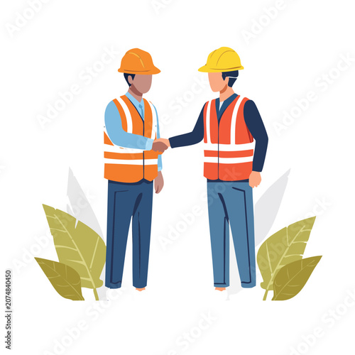 Two construction workers shaking hands illustration