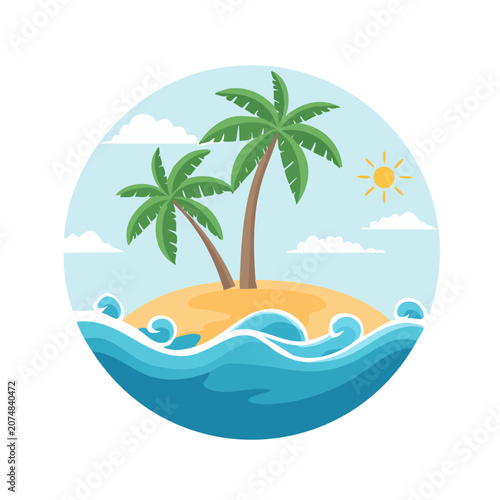 Tropical island with palm trees and ocean waves illustration