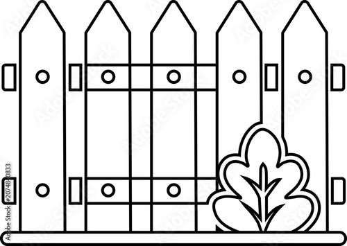 Picket fence outline icon with a garden bush, ideal for house property and outdoor yard designs