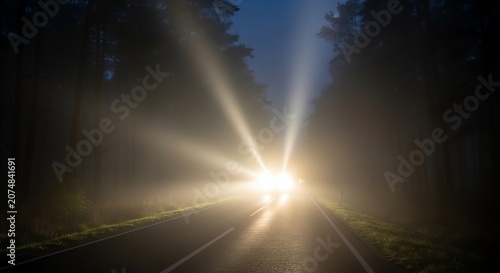 Headlights piercing thick fog on a dark forest road