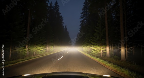 Driving on foggy road through pine forest at night